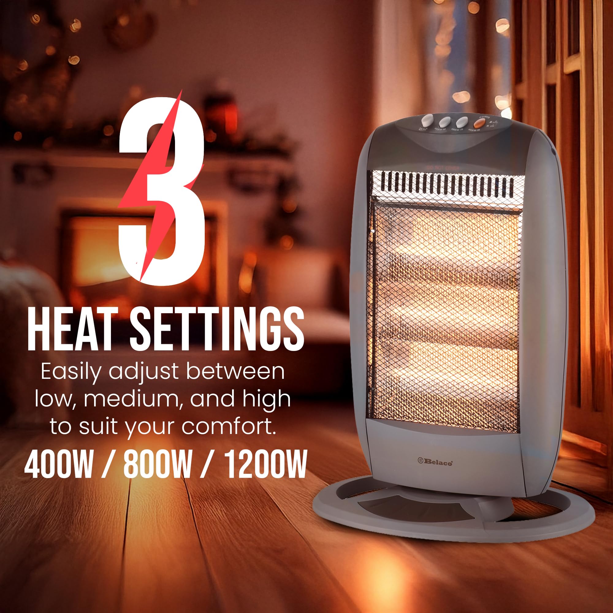 Electric Heater 3 Bar Halogen Heater with 3 Heat settings Heaters for Home, 1200W Portable Heater 90 Degree Oscillation Room Heater Compact Carry Handle Heaters Safety Tip Over Switch Gray