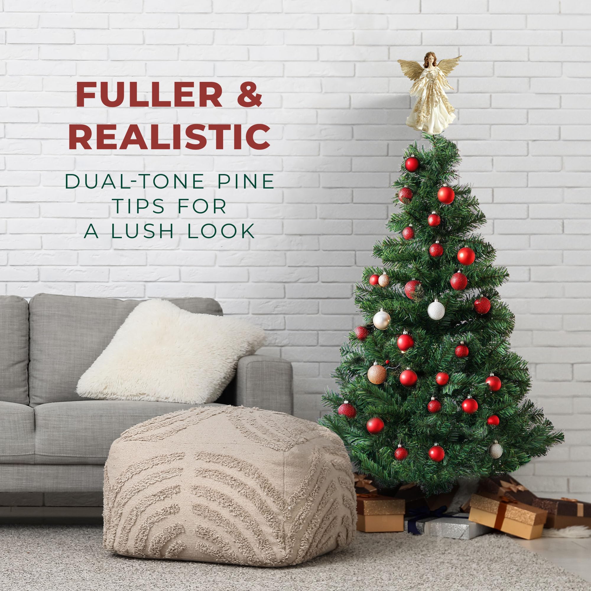 Festive Fix Artificial Christmas Tree 6FT – 700 Tips Full & Realistic Green Xmas Tree with PVC Branches, Metal Stand – Easy Setup 6 Foot Christmas Tree for Living Rooms