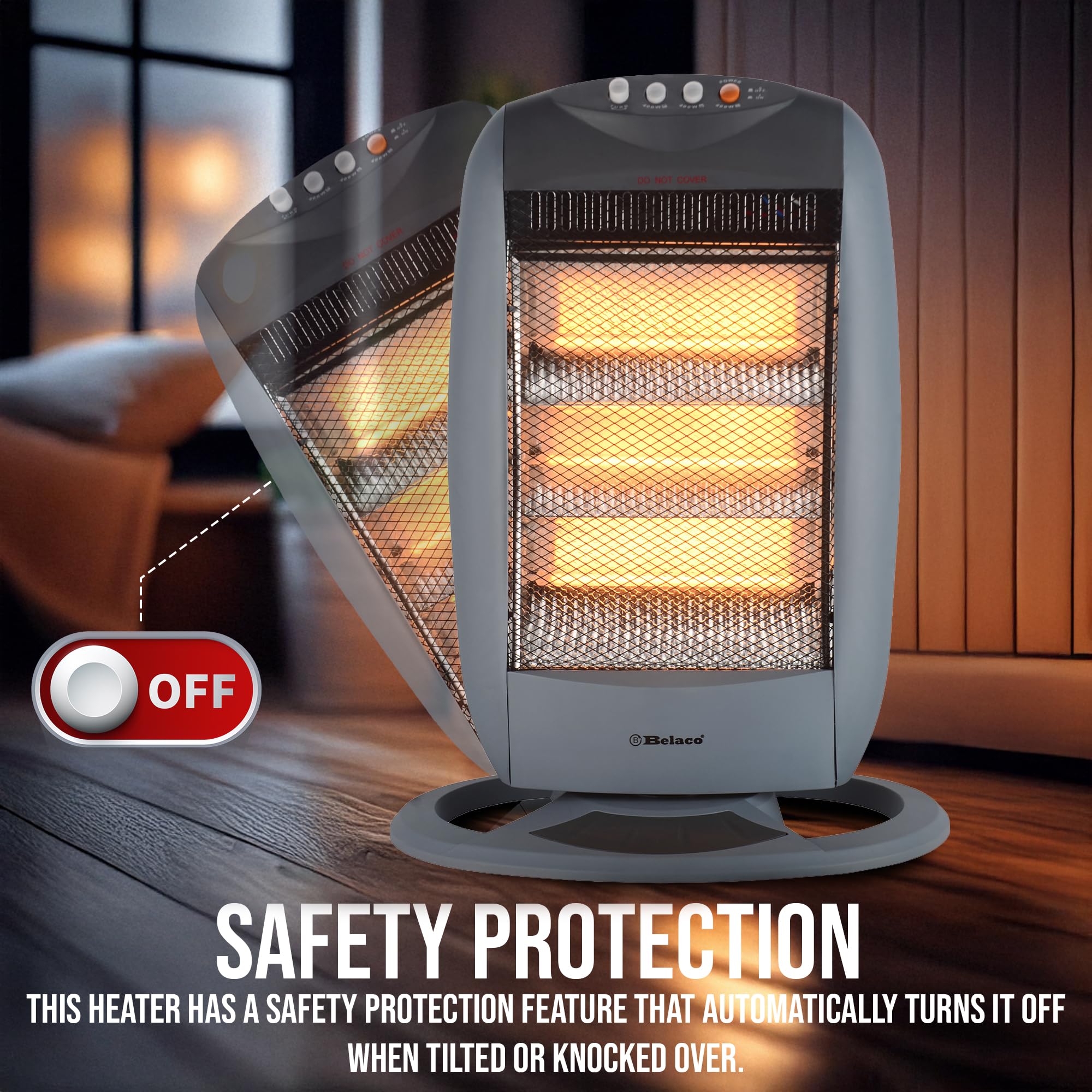 Electric Heater 3 Bar Halogen Heater with 3 Heat settings Heaters for Home, 1200W Portable Heater 90 Degree Oscillation Room Heater Compact Carry Handle Heaters Safety Tip Over Switch Gray