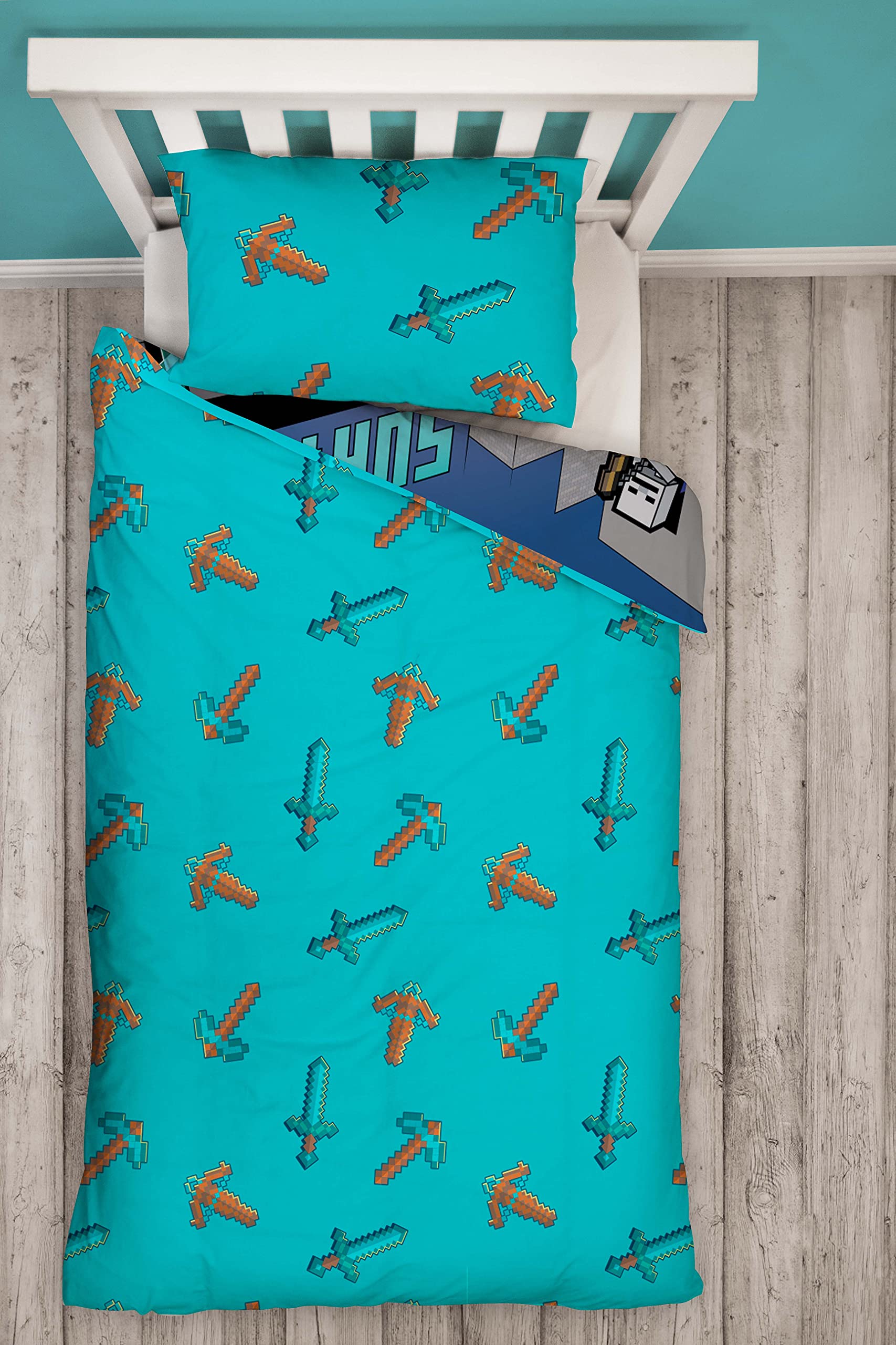 Minecraft Survive Single Duvet Cover Officially Licensed | Reversible 2 Sided Survive Design with Matching Pillowcase, Polycotton, Blue (Single)