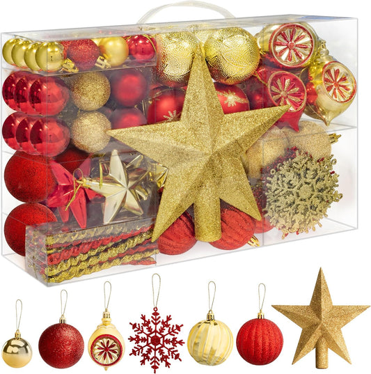 SA Products - 108 Pieces Christmas Baubles Set - Assorted Baubles - Gold & Red Decorations - Shatterproof Hanging Ornaments for Christmas Decorations - Balls, Stars, Snowflakes, Icicles Decor