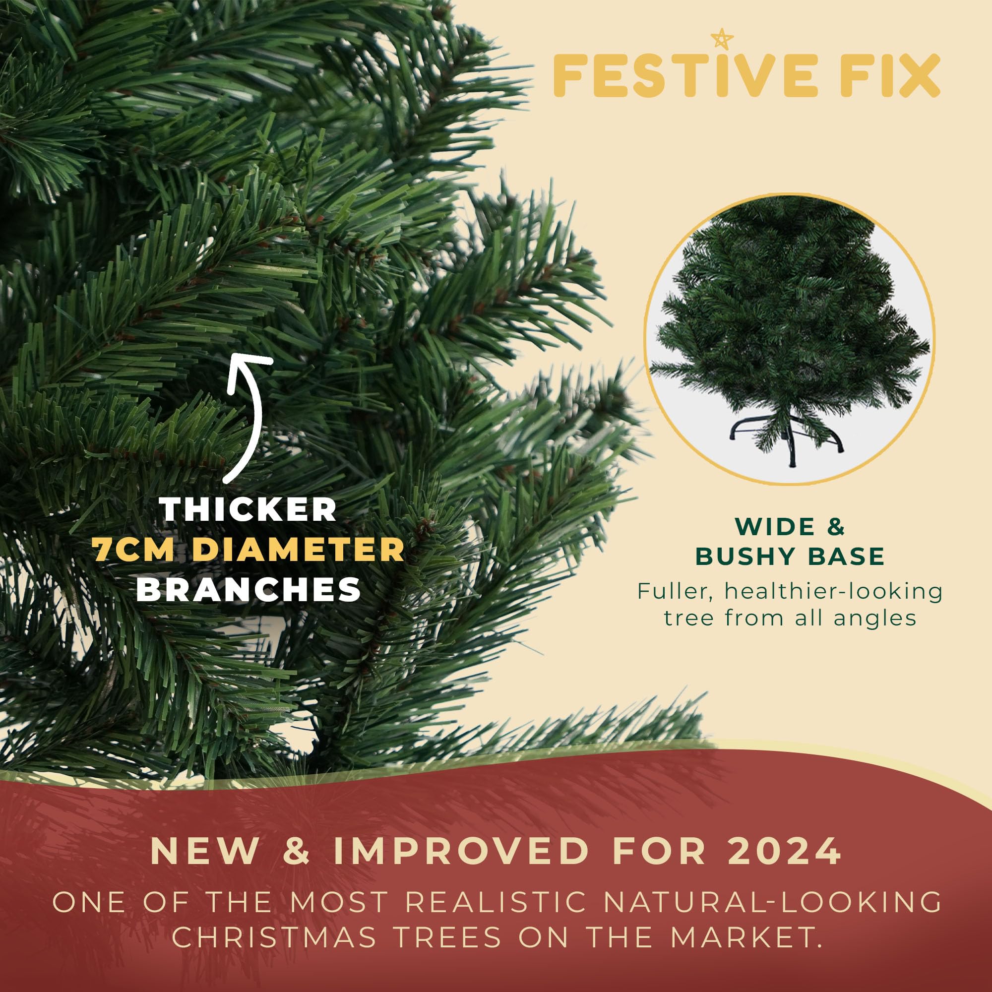 Festive Fix Artificial Christmas Tree 6FT – 700 Tips Full & Realistic Green Xmas Tree with PVC Branches, Metal Stand – Easy Setup 6 Foot Christmas Tree for Living Rooms