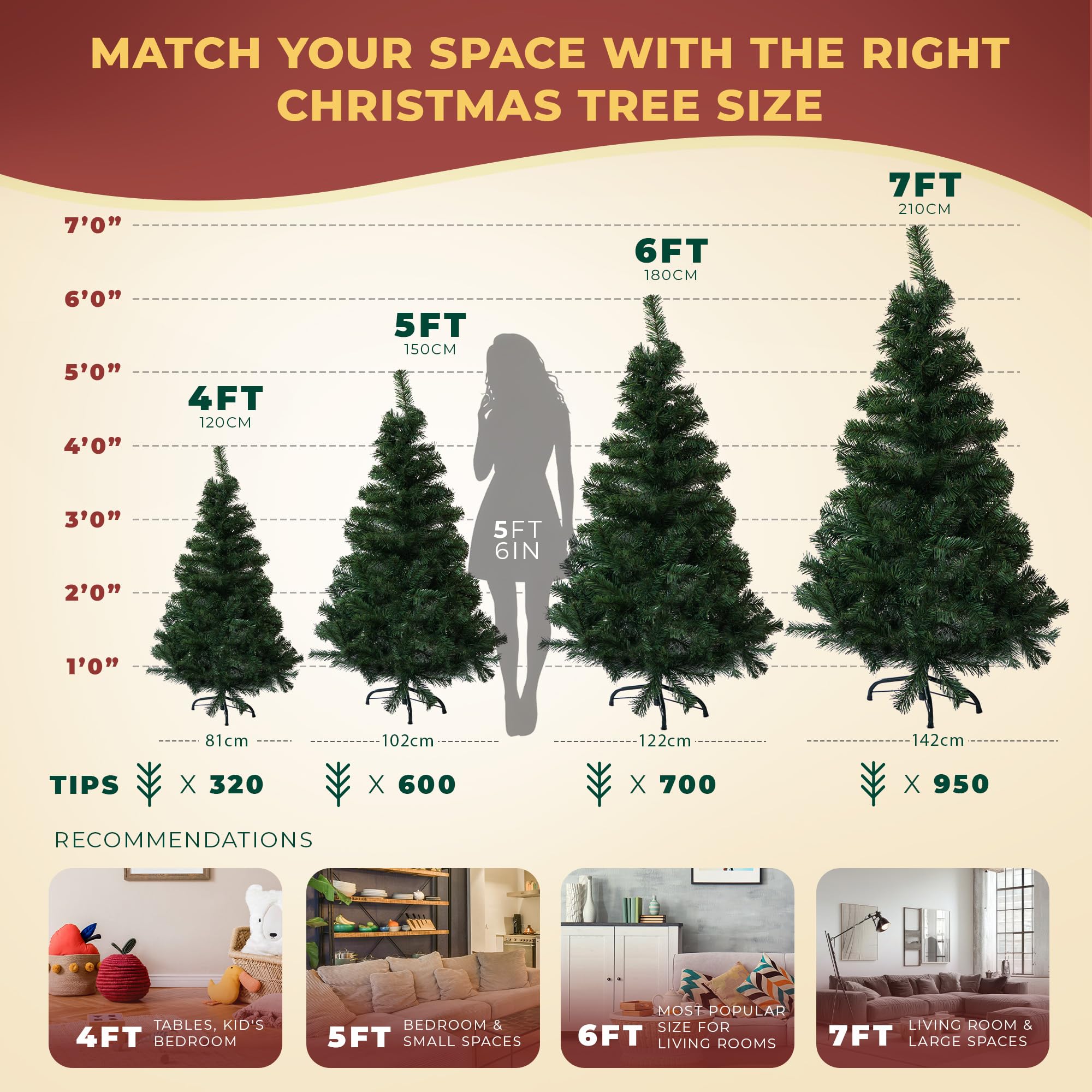 Festive Fix Artificial Christmas Tree 6FT – 700 Tips Full & Realistic Green Xmas Tree with PVC Branches, Metal Stand – Easy Setup 6 Foot Christmas Tree for Living Rooms