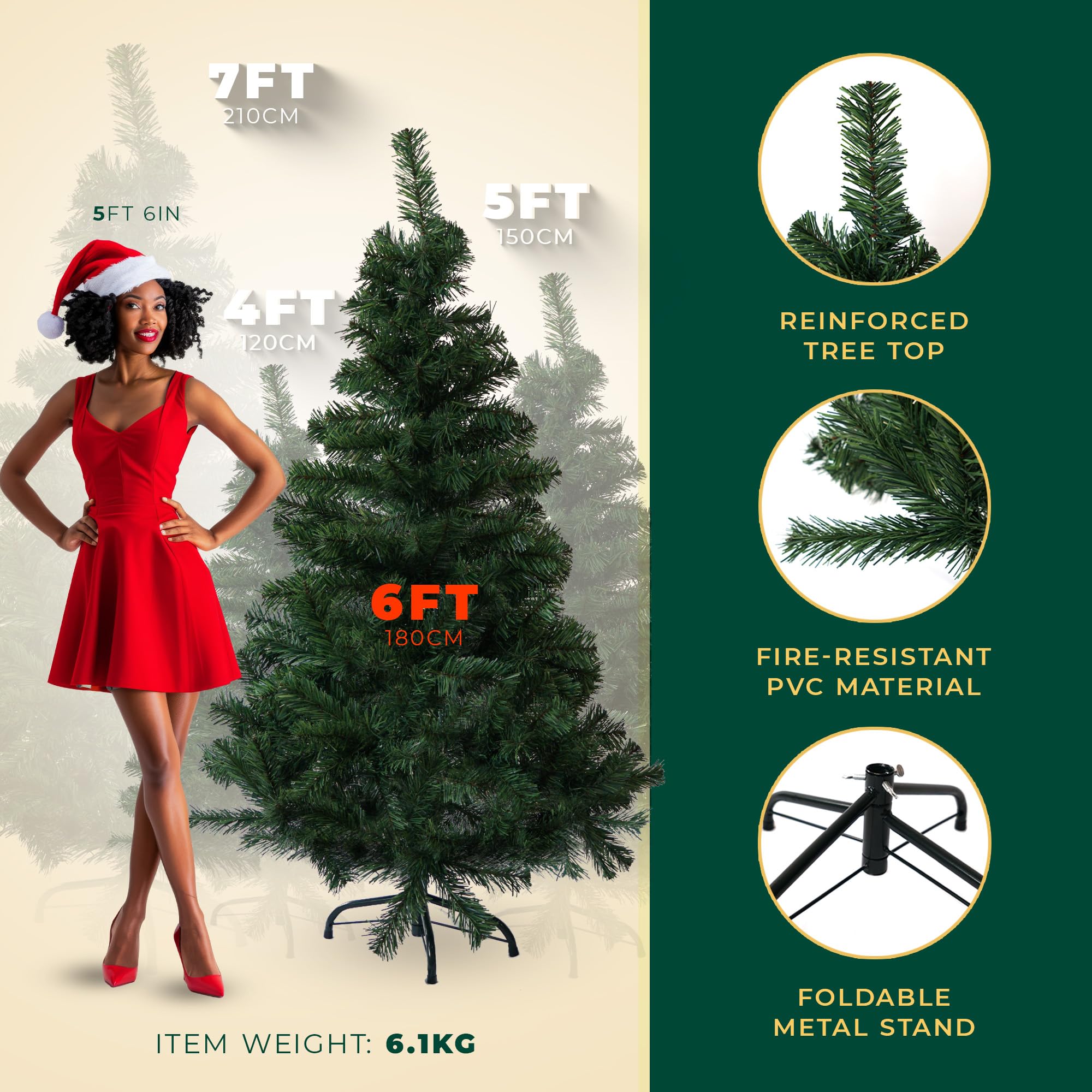 Festive Fix Artificial Christmas Tree 6FT – 700 Tips Full & Realistic Green Xmas Tree with PVC Branches, Metal Stand – Easy Setup 6 Foot Christmas Tree for Living Rooms