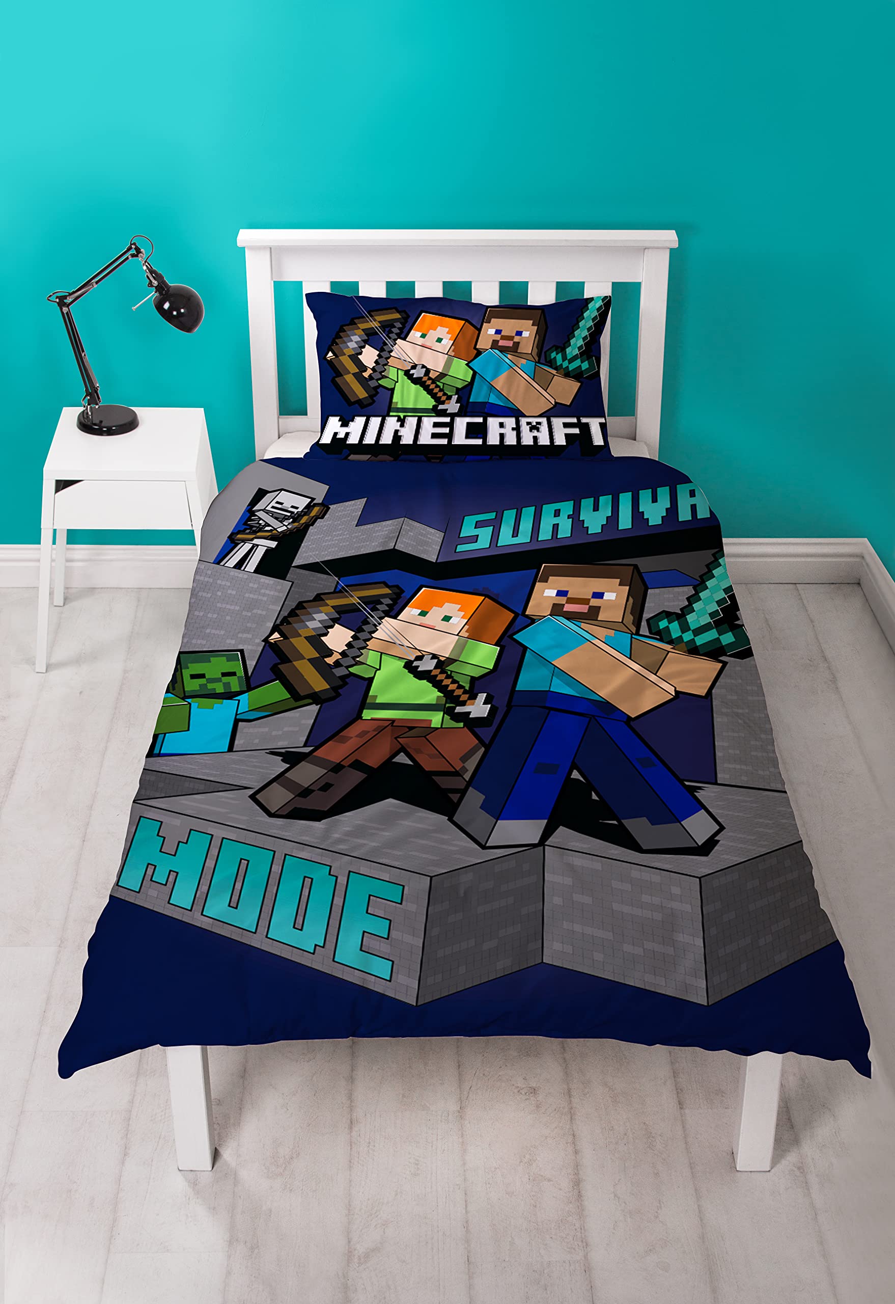 Minecraft Survive Single Duvet Cover Officially Licensed | Reversible 2 Sided Survive Design with Matching Pillowcase, Polycotton, Blue (Single)