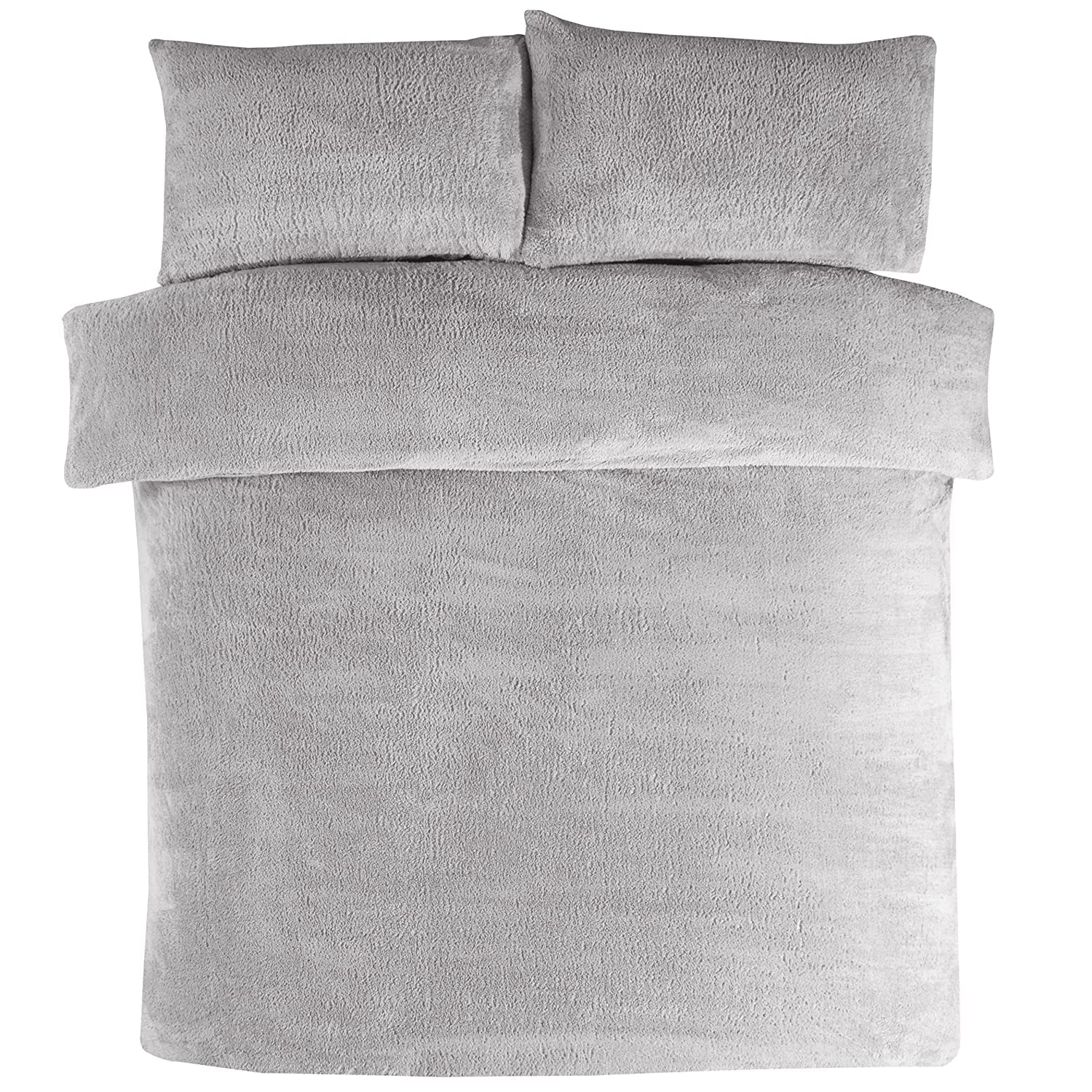Teddy Fleece Duvet Cover Quilt Bedding Set with Pillow Cases Thermal Warm Cosy Super Soft - Double - Grey