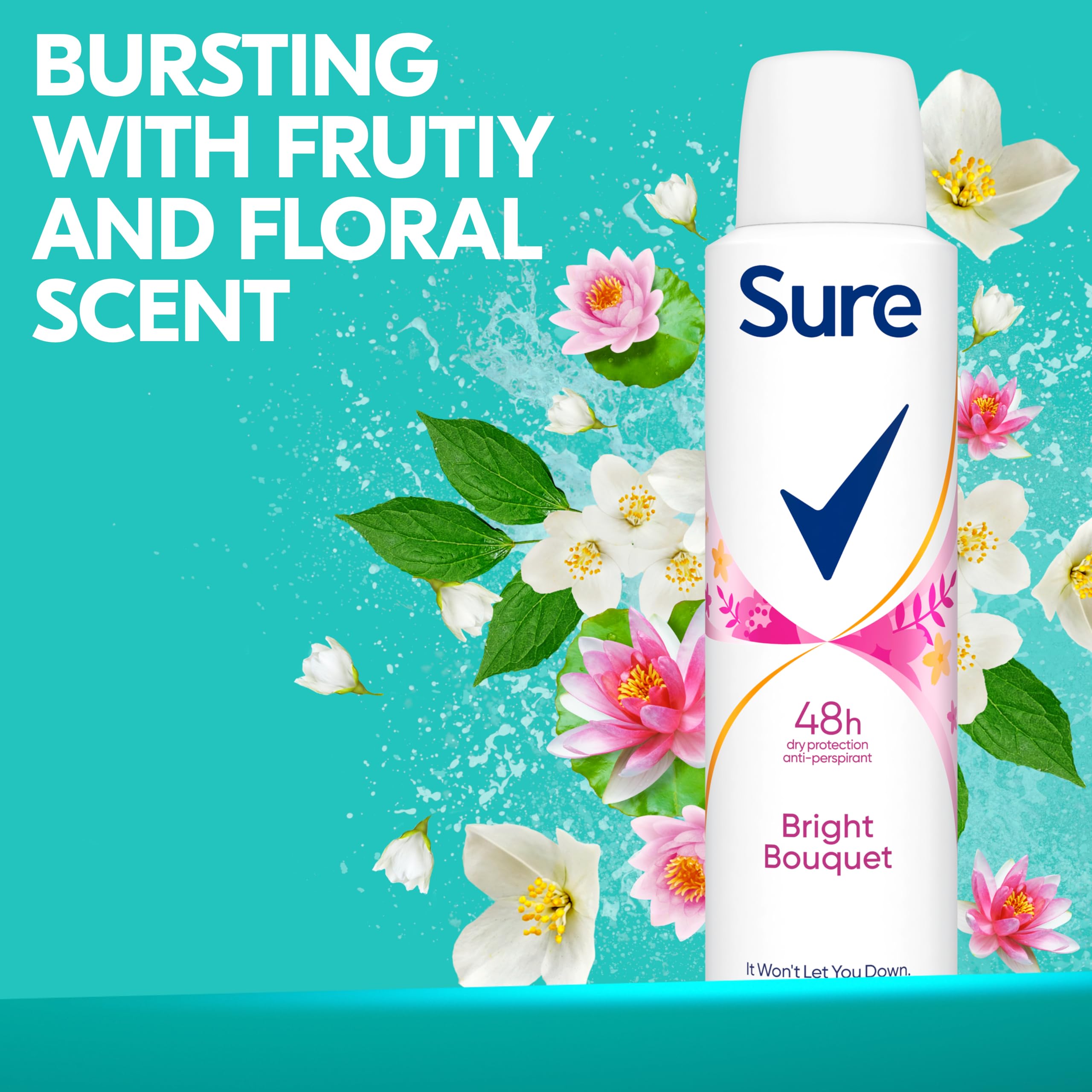 Sure Women Bright Bouquet Deodorant Body Spray Antiperspirant with a strawberry, apricot & vanilla fragrance and 48 hour sweat and odour protection 150 ml, Pack of 6
