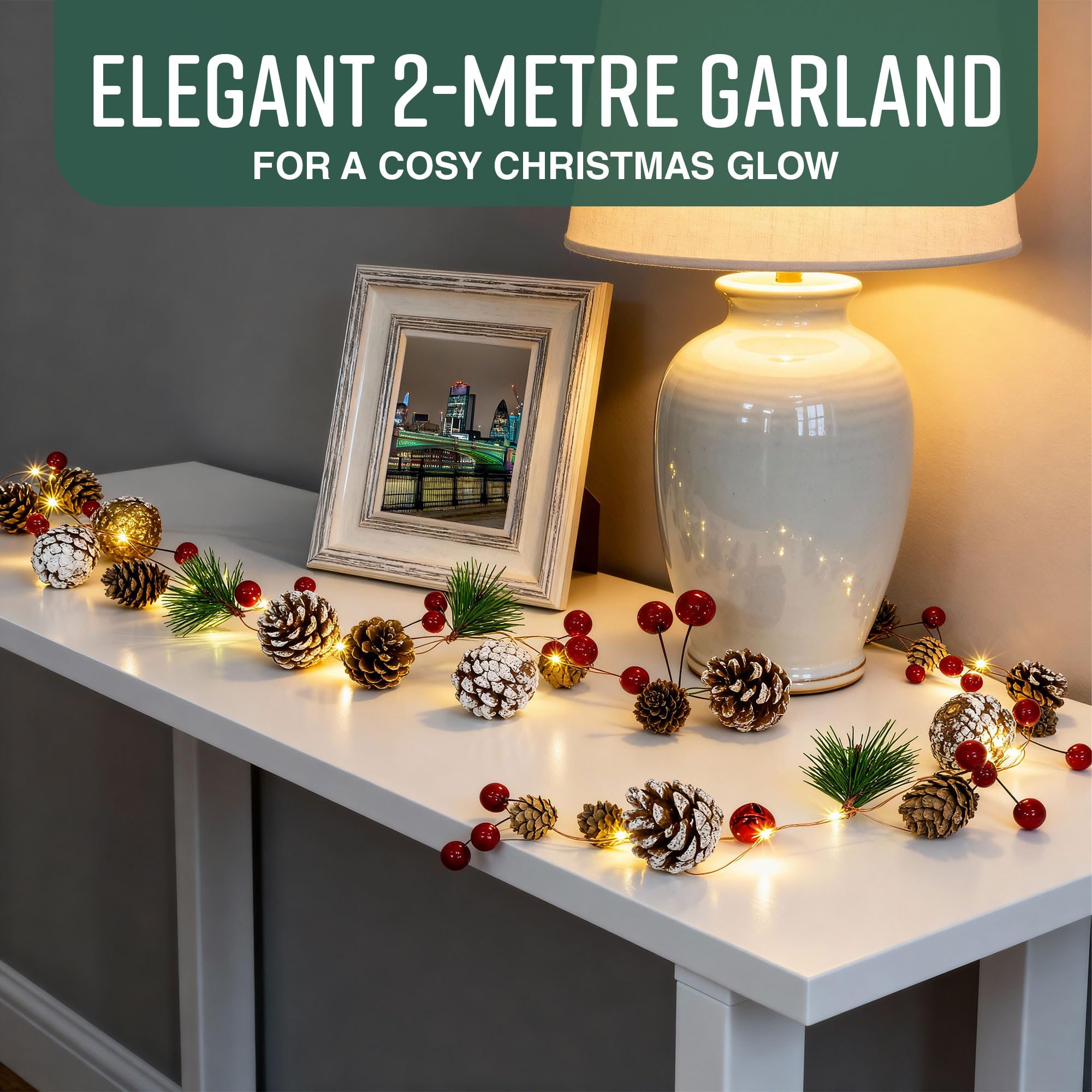 GloBrite 2M Christmas Garland with 20 LED Lights – Pre-Lit Decoration for Fireplace, Stairs, and Indoor Home Décor – Festive Garland for Christmas Decorations