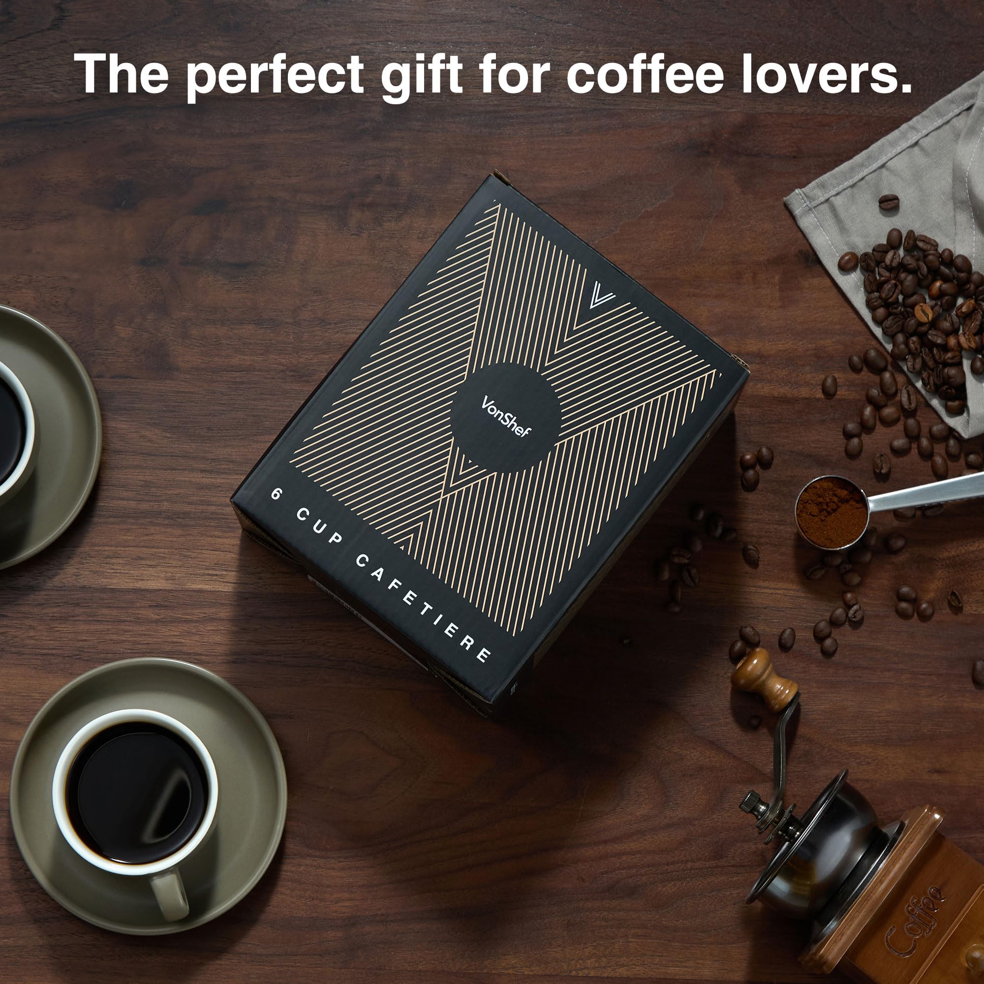 VonShef 6 Cup Cafetiere, Stainless Steel 800ml Double Walled French Press with Measuring Spoon/Bag Seal, Dishwasher Safe Filter Coffee Maker with Plunger