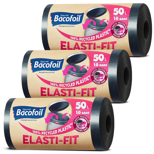 Bacofoil Elasti-Fit Bin Liners - 50L Recycled bin bags, 3 Rolls (30 Bags) - Leak-Proof, Elastic Fastening for Secure Fit - Made from 100% Recycled Plastic - Eco-Friendly Waste Disposal.