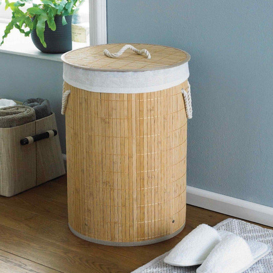 COUNTRY CLUB Round Bamboo Laundry Hamper Basket Clothes Storage Organizer with Lid, Natural, 35 x 35 x 50cm