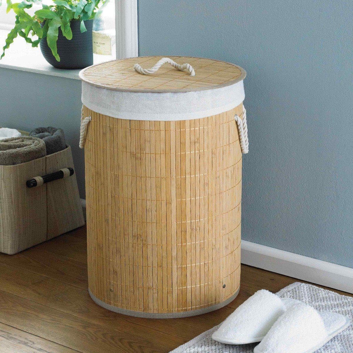 COUNTRY CLUB Round Bamboo Laundry Hamper Basket Clothes Storage Organizer with Lid, Natural, 35 x 35 x 50cm
