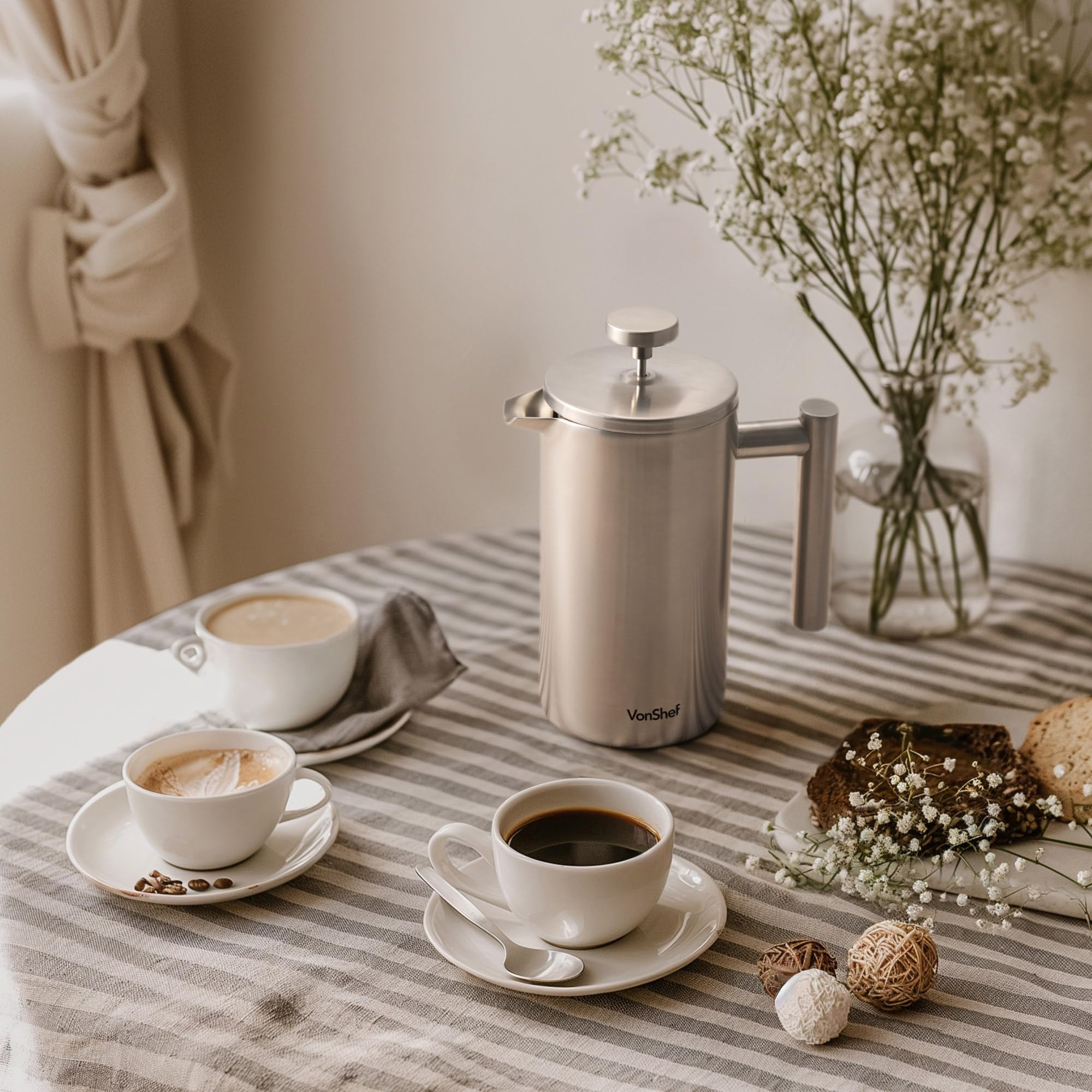 VonShef 6 Cup Cafetiere, Stainless Steel 800ml Double Walled French Press with Measuring Spoon/Bag Seal, Dishwasher Safe Filter Coffee Maker with Plunger