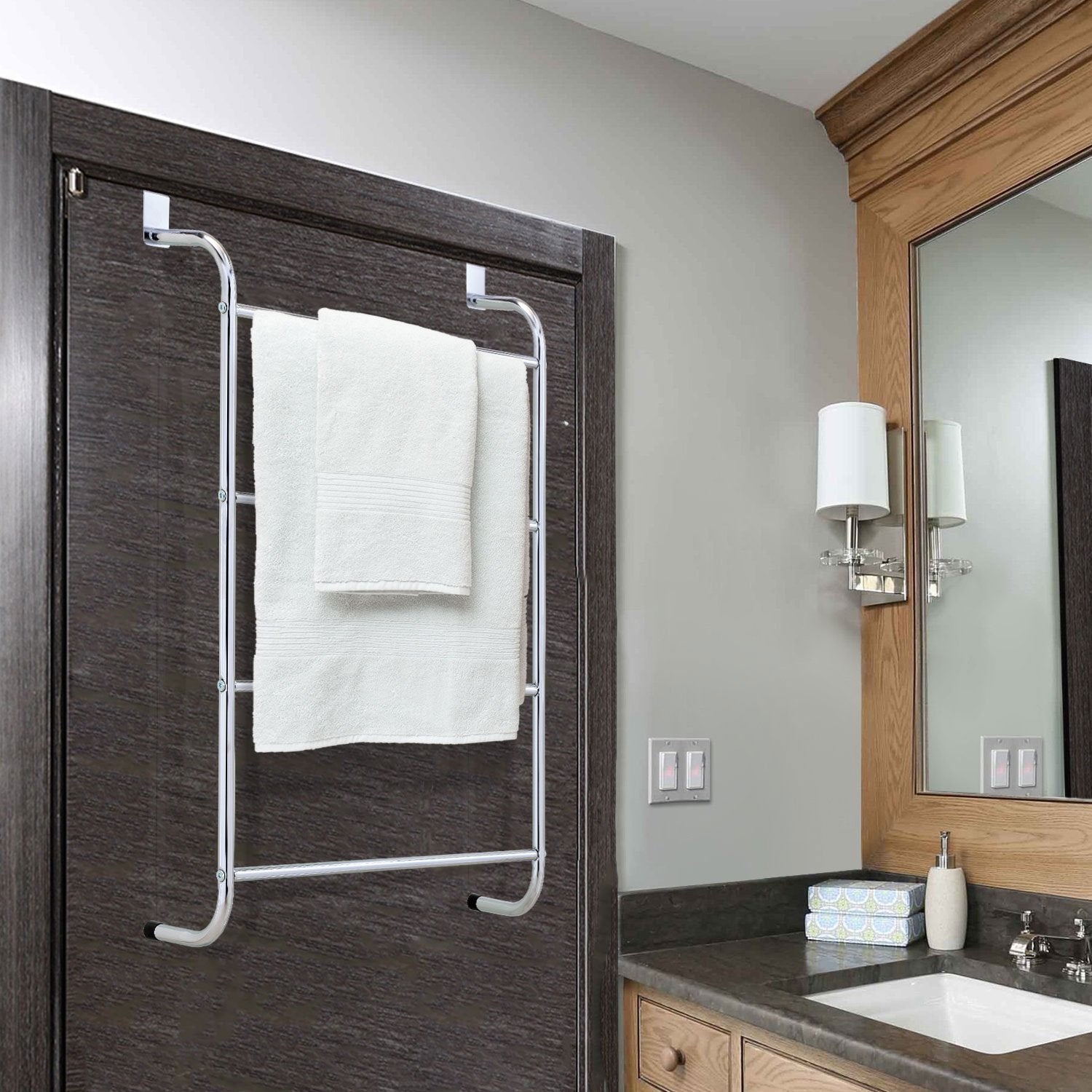 Taylor & Brown 4 Tier Chrome Over Door Clothes Airer Towel Rail Rack Hanger Bar Holder Bathroom Bath Towels Storage Organiser - W46.5cm x D16cm x H72.5cm