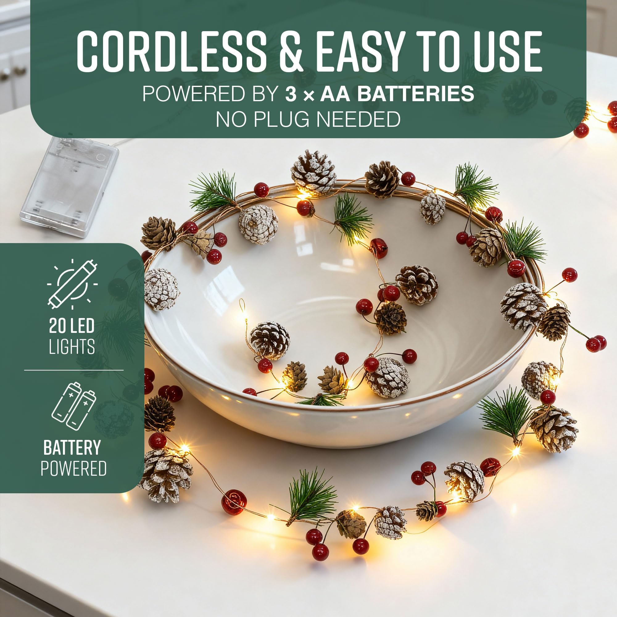 GloBrite 2M Christmas Garland with 20 LED Lights – Pre-Lit Decoration for Fireplace, Stairs, and Indoor Home Décor – Festive Garland for Christmas Decorations