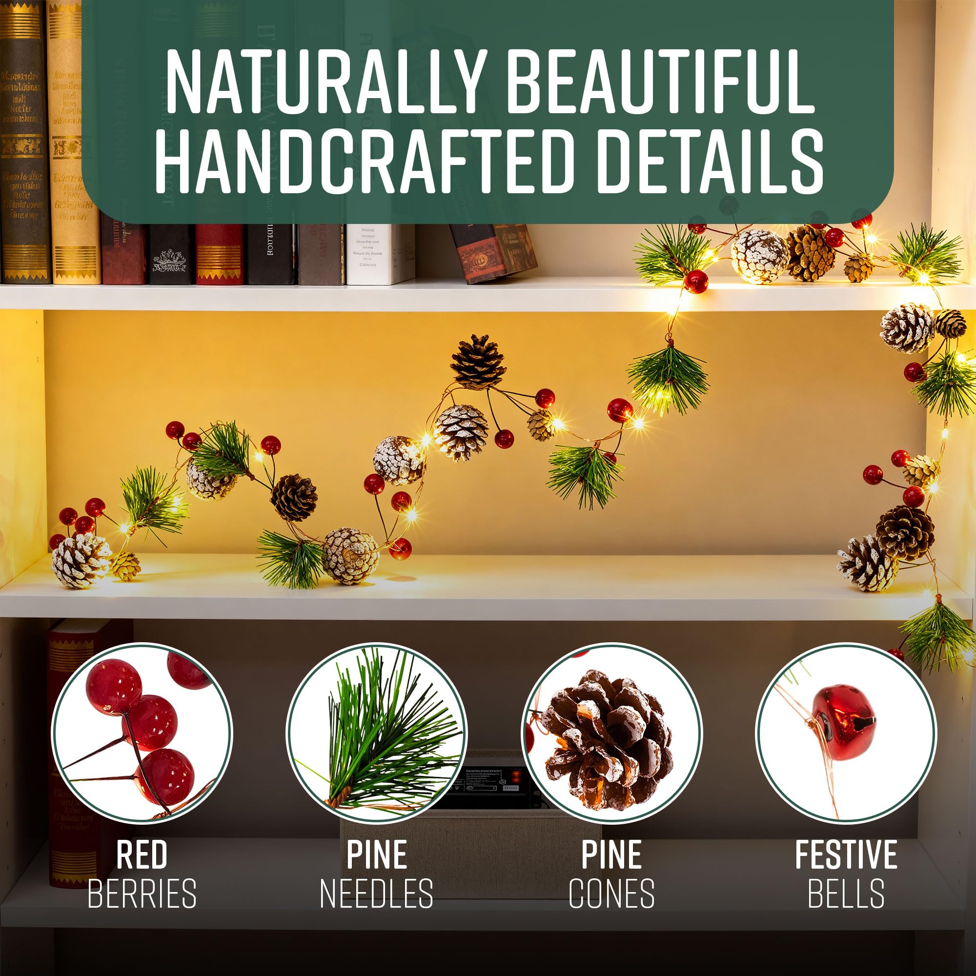 GloBrite 2M Christmas Garland with 20 LED Lights – Pre-Lit Decoration for Fireplace, Stairs, and Indoor Home Décor – Festive Garland for Christmas Decorations