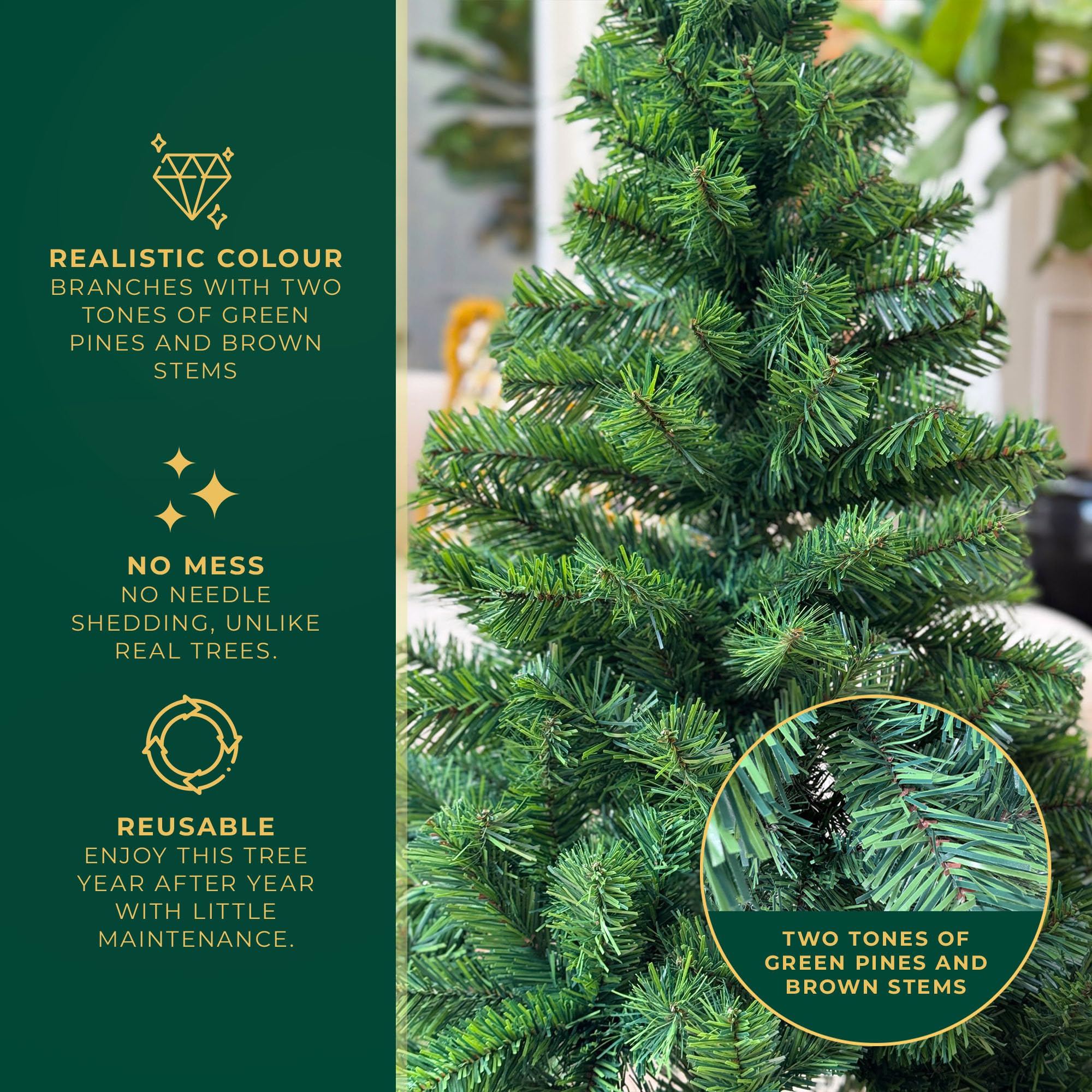 Festive Fix Artificial Christmas Tree 6FT – 700 Tips Full & Realistic Green Xmas Tree with PVC Branches, Metal Stand – Easy Setup 6 Foot Christmas Tree for Living Rooms